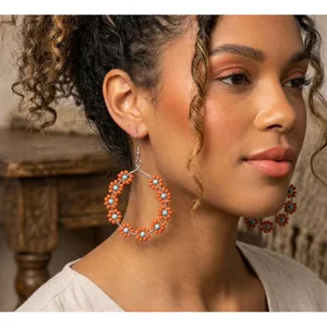 Paparazzi Festively Flower Child Orange Beaded Daisy Hoop Earrings NWT thumbnail 1