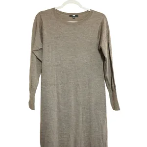 Uniqlo Womens Long Sleeve Crew Neck Fine Knit Sweater Dress‎ Taupe Brown Medium thumbnail 2