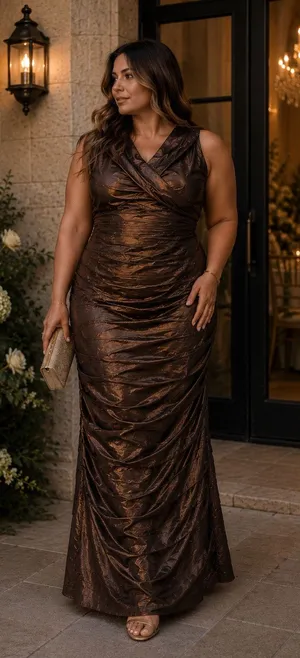 Rickie Freeman Teri Jon 100% Silk Bronze Metallic Ruched Maxi Gown Dress Size 16 thumbnail 1