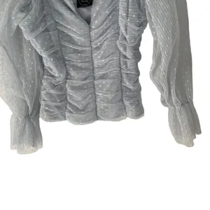 Madi Mase Women's Size Small Light‎ Blue Swiss Dot Lace Puff Sleeves Top thumbnail 4
