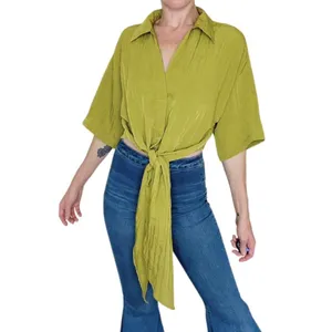 NWT H&M Lime Green Cropped Front Tie Retro Blouse thumbnail 1