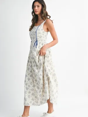 Floral Print Square Neck Contrast Pipinig Dress thumbnail 3