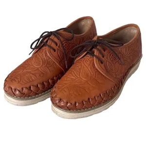 Handmade Mexican Floral Tooled Leather Huarache Oxfords Tan Sz 6 Comfort Travel thumbnail 6