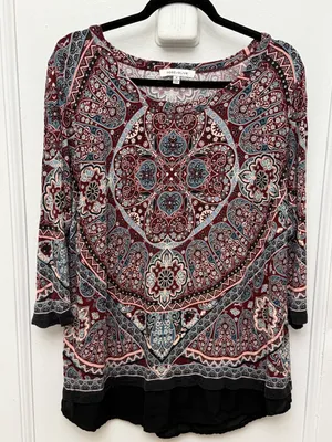 Rose + Olive Maroon Paisley Scoop Neck Top With Sheer Hem 1X thumbnail 1
