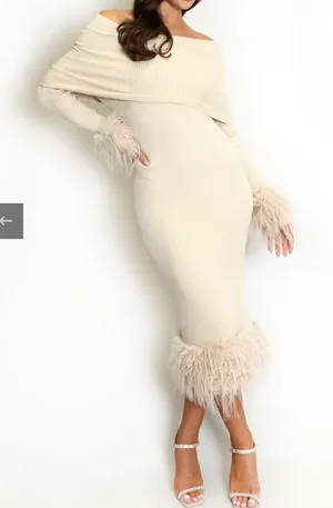 JOLLYA Off-Shoulder Cream Knit Dress with Feather Trim Size M/L P-36 thumbnail 1