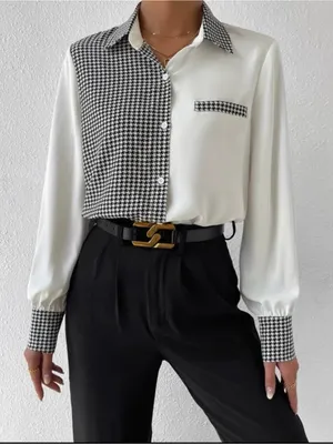 Shein Women's Two-Tone Houndstooth Contrast Button-Up Shirt - White/Black thumbnail 4