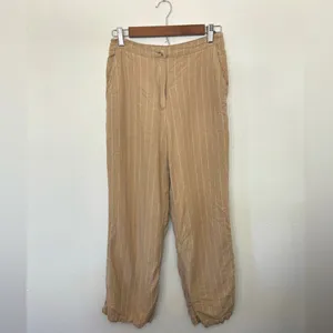 Skies Are Blue Small Tan Linen Cropped High Rise Pin Striped Pants‎ 73976 Latte thumbnail 2