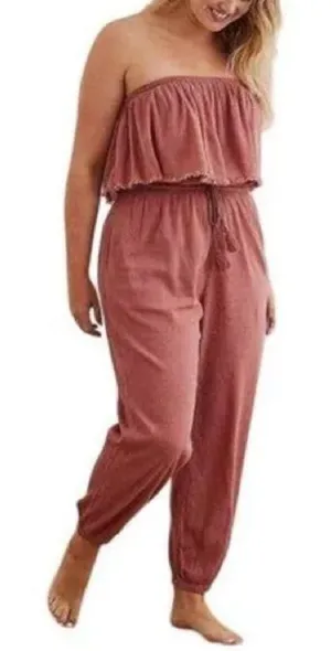 Aerie Pink Salmon Strapless Crinkle Smocked Pants Jumpsuit Romper thumbnail 1