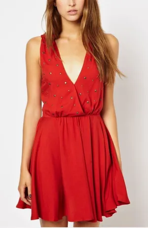 For Love & Lemons Little Lover Studded Plunge V Neck Mini Dress Red Small $250 thumbnail 1