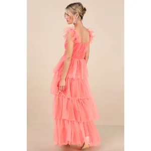 Lulus Tulle For Love Coral Pink Mesh Tulle Tiered Ruffled Maxi Dress Medium NWT thumbnail 2