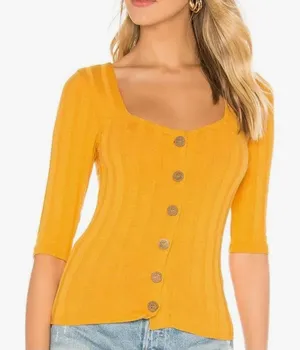 Free People Central Park mustard yellow rib knit button sweater top XS thumbnail 1