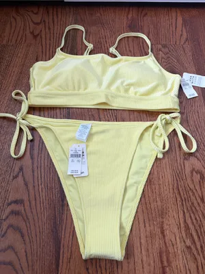 aerie Yellow Ribbed Tie-Side Bikini Top & Bottom size Large New thumbnail 1