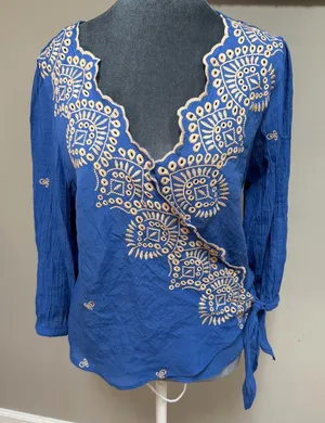 Figueroa & Flower Med Blouse Embroidered Faux Wrap Royal Blue Side Tie Crinkled thumbnail 1