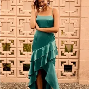 Lulus Yori Teal Green Satin‎ Ruffled High-Low Maxi Dress medium thumbnail 7
