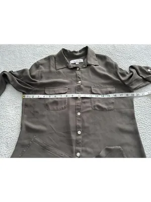 Loft Button Down Roll Tab Sleeve Shirt Blouse Front Pocket Olive Green Size S thumbnail 6