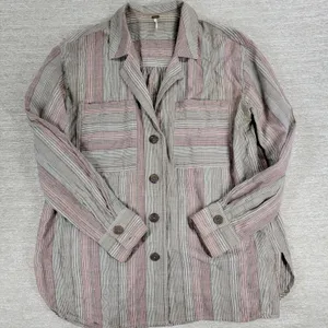 Free People High Tide Shirt XS Tan Pink Womens Striped Oversized Button Up Boho thumbnail 11