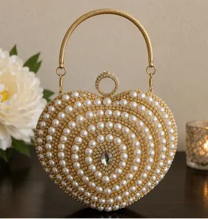 Pearl Heart Evening Clutch Gold Rhinestone Handbag Wedding Prom Formal Purse thumbnail 1