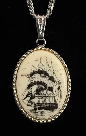 Sarah Coventry SARAH Simulated Scrimshaw Boat Ship Vintage 1970 Pendant Necklace thumbnail 1