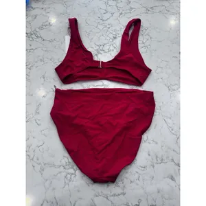 NWT Quince Cherry Red Italian Plunge Bikini Top & High Rise Bottom Set Large thumbnail 2