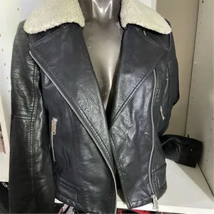 Women's Black Faux Leather Jacket M Quilted Sleeves Sherpa Collar thumbnail 1