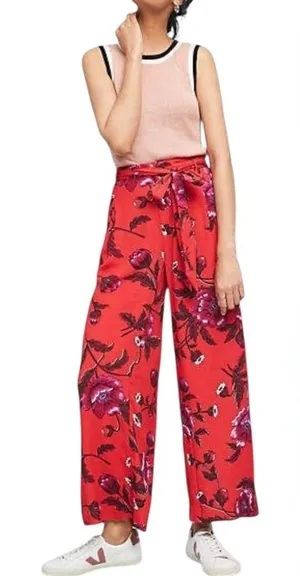Anthropologie Wide Leg Floral Trousers paper bag spring lightweight Whimsical thumbnail 1