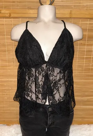 Black lace halter top with adjustable straps deep V-neckline lace cami XL thumbnail 1