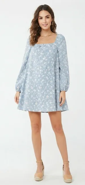 Forever 21 Women Square Neckline Floral Print Mini Dress, Blue/White Combo M thumbnail 1