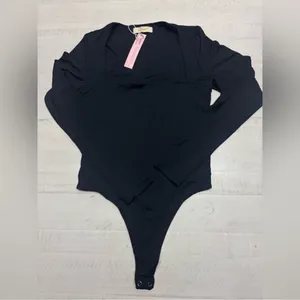QINSEN Women's Sexy Square Neck Bodysuit Long Sleeve Double Lined Shirt Top thumbnail 3