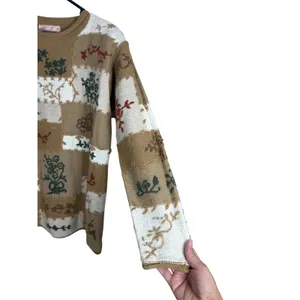 Jaclyn Smith Womens Patchwork Floral Knit Sweater Tan Cream Green Size M thumbnail 4