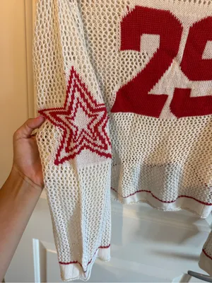 Off-Shoulder Cream Knit Sweater with Red Number Detail thumbnail 4
