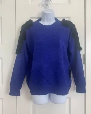 12th Tribe Royal Blue Faux Fur‎ Shoulder Trim Crewneck Sweater Large Maximalist thumbnail 1