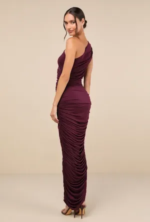 Lulus effortless magnetism dark plum ruched one-shoulder maxi dress thumbnail 2