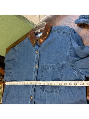 Vintage 90s Denim Shirt Corduroy Pumpkin Embroidered Jean Shirt cottagecore thumbnail 8