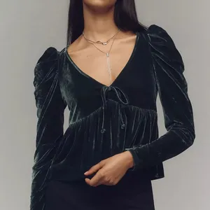 NWT Anthropologie Dark Green Maeve Velvet Babydoll top size XS. thumbnail 2