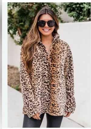 Pink Lily Faux Fur Leopard Print Quarter Zip Pullover (Oversized) thumbnail 1