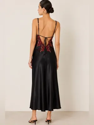 Vintage Black Satin Slip Dress Burgundy Embroidered Lace Maxi S thumbnail 2