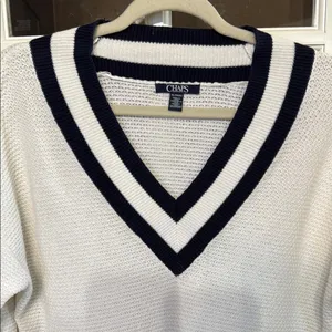 CHAPS White & Navy Preppy Academia V-Neck TENNISCORE Cable Knit Sweater XL thumbnail 3