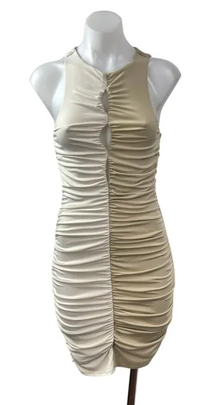 Abercrombie & Fitch Beige Khaki Colorblock Cutout Ruched Mini Bodycon Dress ST thumbnail 1