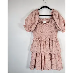 Hyacinth House Womens Dress Beige Mini Floral Smocked Ruffle Puffed A Line Large thumbnail 4