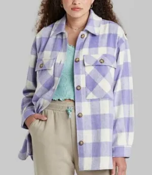 WILD FABLE Lilac Lavender Purple Cream Ivory Plaid Oversized Fit Shacket Jacket thumbnail 1