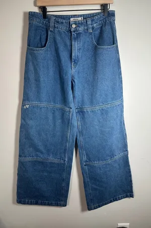 Mountex Wide Leg Double Knee Denim Utility Pants Medium Wash Blue Size 30 thumbnail 1