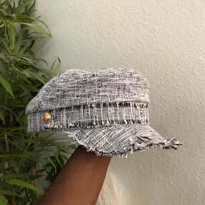 Anthropologie Black White Houndstooth Plaid Tweed frayed newsboy baker boy hat cap gold tone button-One Size (O/S) thumbnail 7