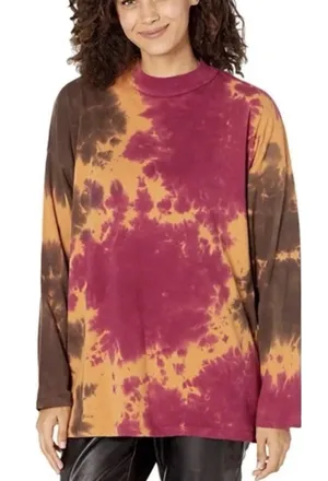 We The Free Free People French Roast Long Sleeve Tie Dye Mock Neck Tee Burgundy thumbnail 1