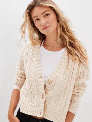 Cyrus Cream Cable Knit Cardigan Sweater Preppy Cozy Casual Timeless Minimalist thumbnail 1