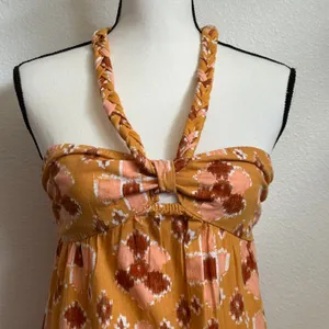 NWT Aerie Sz XS Linen Blend Halter‎ Maxi Dress Ikat Orange Pink Boho Braided thumbnail 6