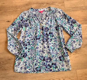 Lilly Pulitzer Elsa Silk Blouse Long Sleeve V-Neck‎ Top Smocked XSmall XS thumbnail 1