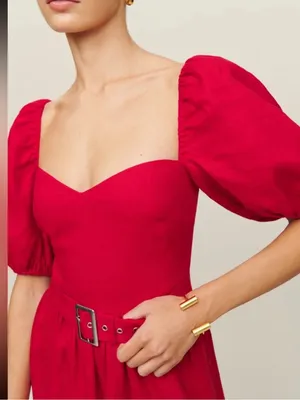 Reformation 4 NEW Tien Linen Dress Cherry Red Fitted Waist Puffy Holiday Belted thumbnail 1