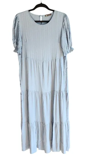 PRETTYGARDEN‎ Tiered Maxi Dress Women Large Blue Puff Sleeve Textured thumbnail 1