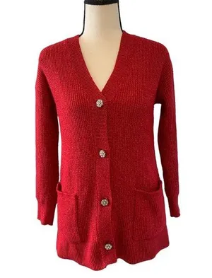 Loft | red snow flake button knit cardigan thumbnail 1