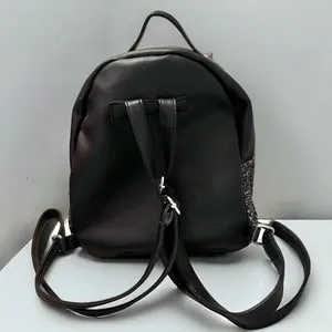 Black Glitter Faux Leather Mini Backpack with Pom-Pom Charm & Zippered Pockets thumbnail 3
